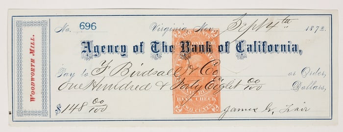 F. Birdsall/Woodworth Mill Combo Virginia City Mining Check Signed by Fair [204277]