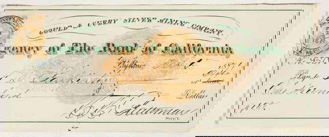 Virginia City, Nevada Mining Check Issued to TD Parkinson (Famous GT Brown Comstock Map) [200789]