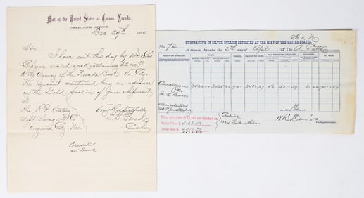 Carson City Mint Memorandum of Silver Bullion & Comstock Mine Letterhead [202722]