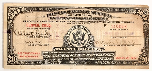 Postal Savings System $20 Certificate, Denver, Colorado, 1926 [204750]