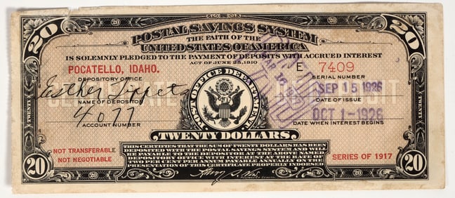 Postal Savings System $20 Certificate, Pocatello, Idaho, 1926 [204761]