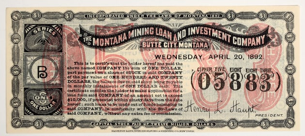 Montana Mining Loan & Investment Company Subscription Certificate [204610]
