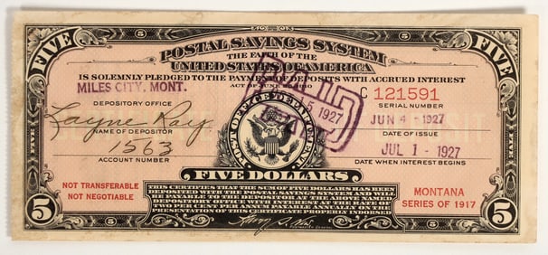 Postal Savings System $5 Certificate, Miles City, Montana, 1927 [204751]