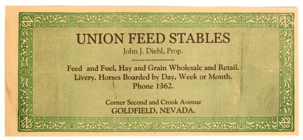 Union Feed Stables, Goldfield, Nevada Advertising Currency Note [204771]