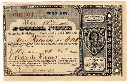 Reno, Nevada Postal Note, 1884 [204515]