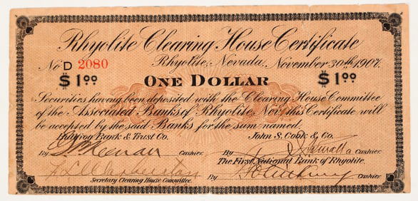 Rhyolite Clearing House Certificate, $1, Issued Note, 1907 [204997]