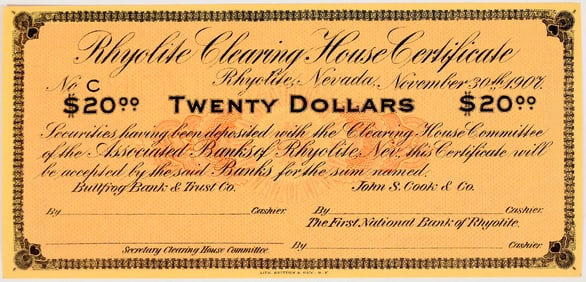 Rhyolite Clearing House Certificate $20 Scrip [204524]