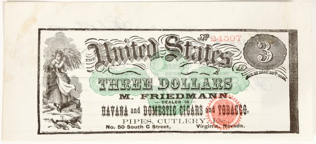 M. Friedmann, Cigar Dealer in Virginia City, Nevada, Advertising Note, 1887 [202739]