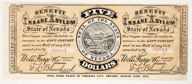 Virginia City, Nevada Benefit of Insane Asylum Scrip, 1872, Extremely Rare [203563]
