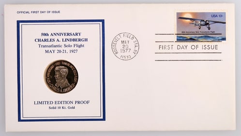 50th Anniversary Charles Lindbergh Transatlantic Flight Cover w/ 10 kt. Gold Medallion [201546]
