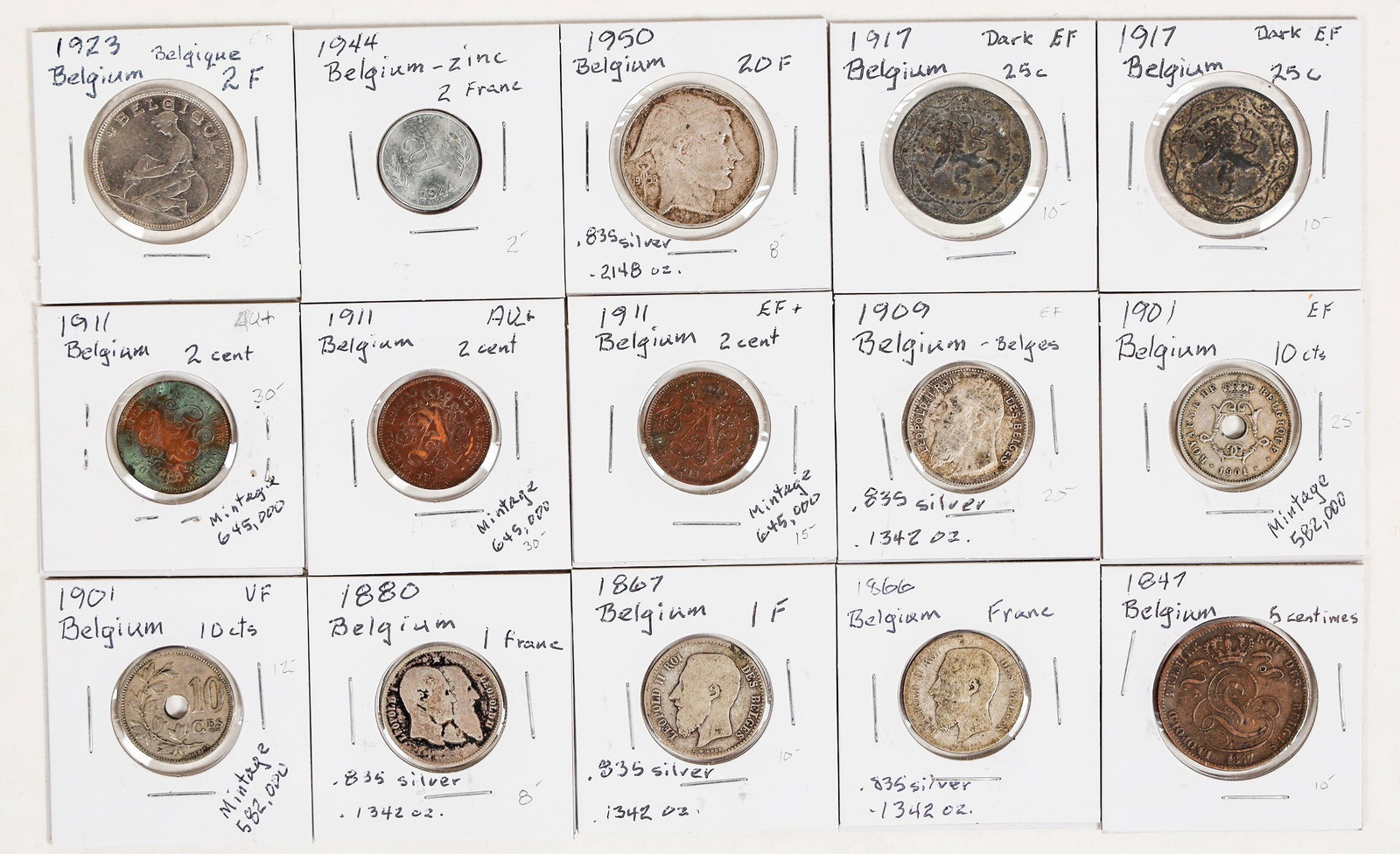 Coins of Belgium (15) [200371]: Fifteen coins of Belgium (1847-1950): 1847 5 centimes; 1866 one franc; 1867 one franc; 1880 one franc; 1901 ten cents (2); 1909 one franc; 1911 two cent (3); 1917 25 cent (2); 1923 2 franc; 1944 2 fra