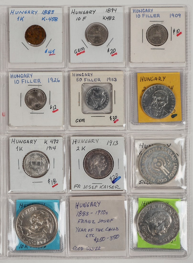 Coins of Hungary 1883-1970s (11) [205414]: Eleven coins of Hungary: 1883 one kreuzer; 1894 ten filler (gem); 1909 ten filler; 1926 ten filler; 1953 fifty filler; 1994 200 Forint; 1914 one kreuzer; 1913 two kreuzer; 1979 200 forint Year Of The 