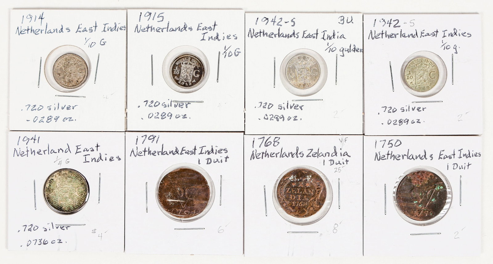 Netherlands East Indies Coins (8) [200686]: Netherlands East Indies was a Dutch colony that became Indonesia in 1945. Eight coins: 1750 one duit; 1768 one Zelandia duit; 1791 one duit; 1914 1/10 gulder; 1915 1/10 gulder; 1941 1/4 g.; 1942 1/10 