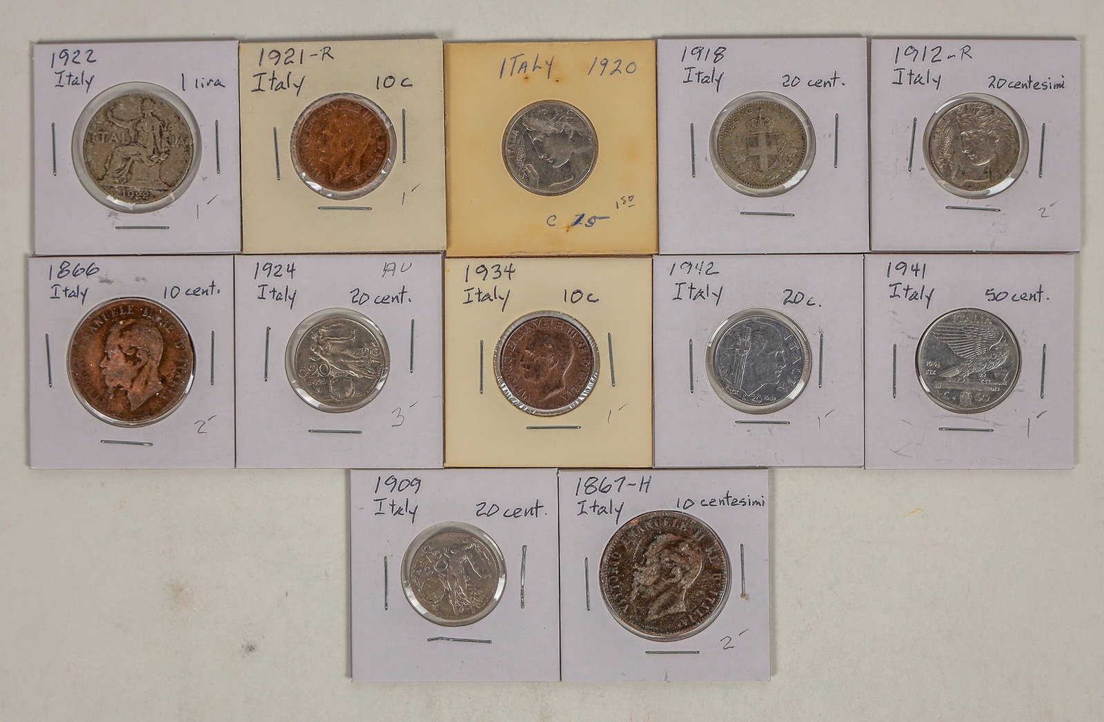 Coins of Italy 1866-1942 (12) [200934]: Twelve Italian coins: 1866 10c.; 1867-H 10c.; 1909 20c.; 1912-R 20c.; 1918 20c.; 1920 20c.; 1921-R 10c.; 1922 1 lira; 1924 20c.; 1934 10c.; 1941 50c. ; 1942 20c.^Date: Country (if not USA): ItalyState