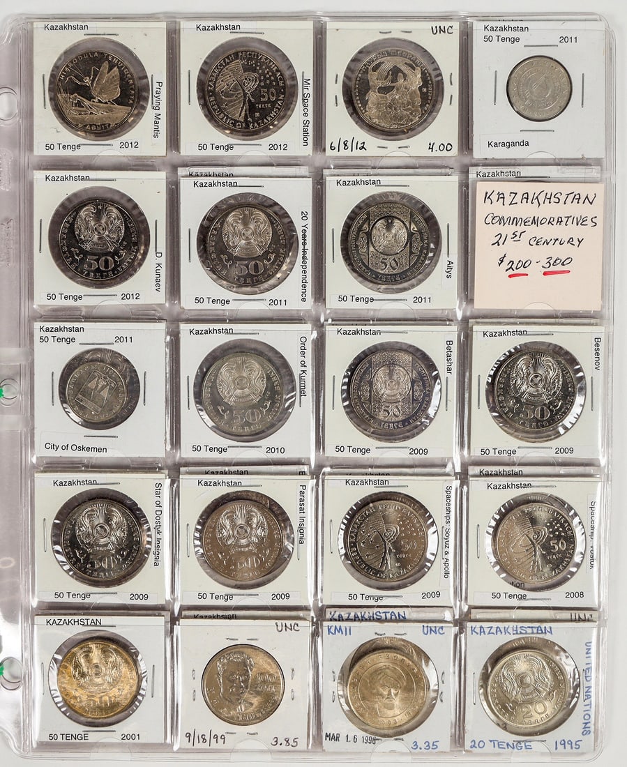Kazakhstan Commemorative Coins, 39pcs [190687]: Thirty-nine nickel-silver coins from Kazakhstan commemorating the 21st century. Designed after the breakup of the Soviet Union. Most are 50 Tenge denomination in two sizes, with one 20 and one 100 Ten