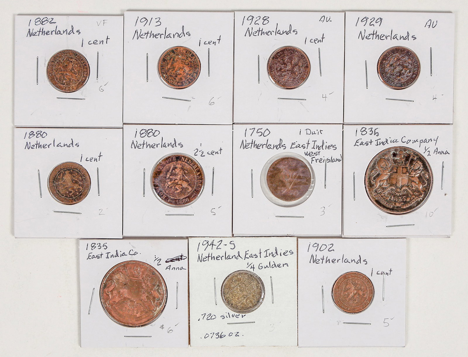Coins of Netherlands 1750-1942 (11) [201023]: Eleven Dutch coins: 1750 Netherlands East Indies 1 duit; 1835 East India Co. 1/2 Anna (2: one holed); 1880 1c.; 1880 2 1/2 c.; 1882 1c.; 1902 1c.; 1913 1c.; 1928 1c.; 1929 1c.; 1942 1/2 Gulden.^Date: 