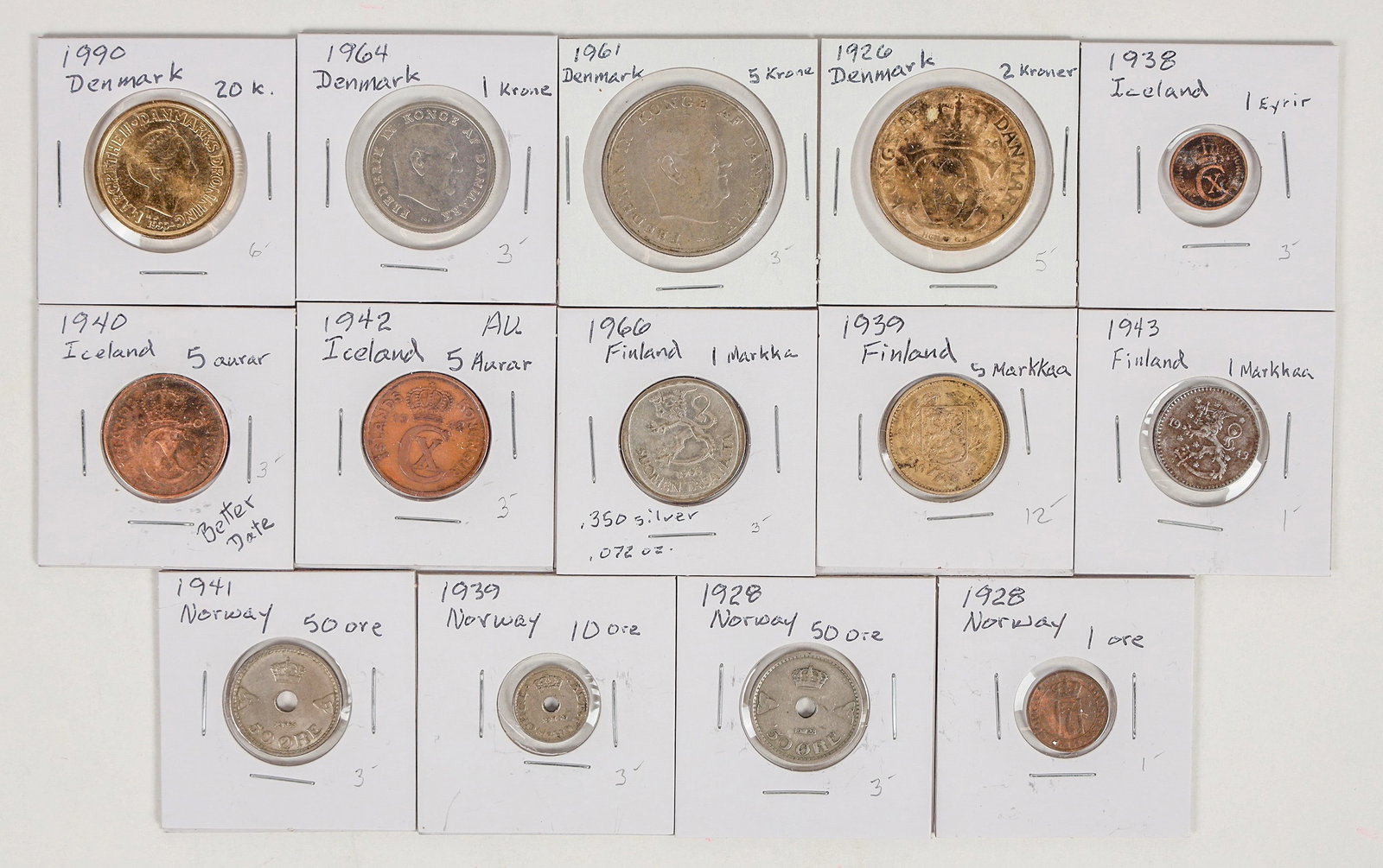 Coins from Four Northern Countries (14) [201024]: Fourteen coins from four countries: Norway: 1928 50 ore; 1928 1 ore; 1939 10 ore; 1941 50 ore. Finland: 1939 5 markka; 1943 1 markka; 1966 1 markka. Iceland: 1938 1 eyrir; 1940 5 aurar; 1942 5 aurar. 