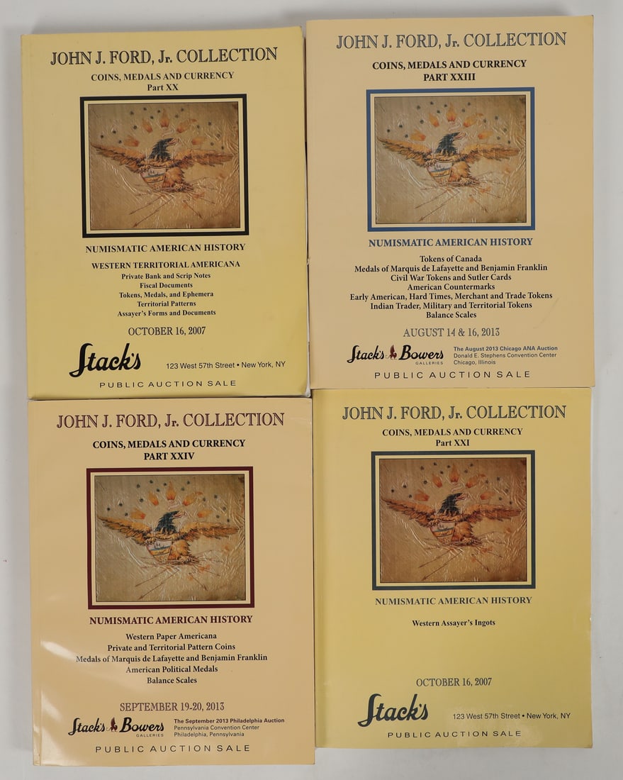 John J. Ford Sales Auction Catalogs, Stacks Numismatics [205183]: Lot of (4). Famous John J. Ford Sales catalogs, Stack's Numismatists Auctions. Mint condition, Coins, Medals & Currency Auctions, plus others. Listings for western paper americana, private and territo