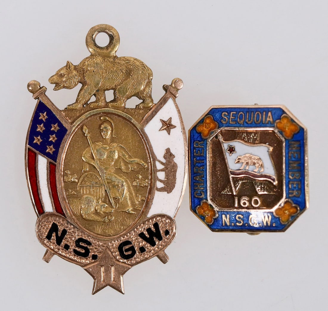 Native Sons of the Golden West Gold Medals (2) [204855]: Two 14 karat gold medals from the Native Sons of the Golden West: 1) Charter Member Sequoia Chapter 160; blue and gold enameled, 14 mm square; 1.8 grams; engraved on reverse: "E.S. Batten / 1930". 2) 