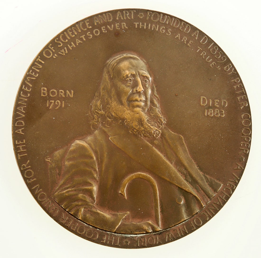 Cooper Union 50th Anniversary Medallion [190685]: Bronze medallion commemorating the 50th anniversary of Cooper Union in New York City. Obv inside rim reads: // TO HONOR PETER COOPER WHOSE LIFE WAS DEVOTED TO THE PUBLIC WELFARE AND EDUCATION OF ALL /
