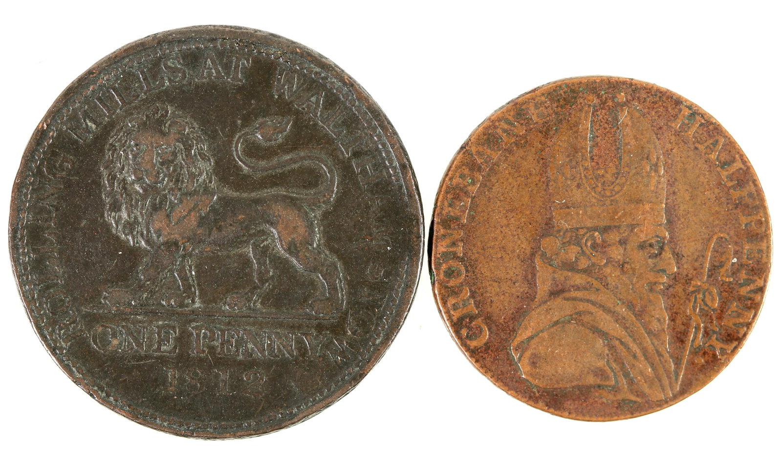 Irish Mining/British Copper Smelting Coins (2) [202632]: 1) Cronebane Halfpenny / (bust of St. Patrick) // Associated Irish Mine Company / 1789 / Dividing date, arms of the company: "Vert on a chevron argent, between two shovels, in saltire chief, and a bug