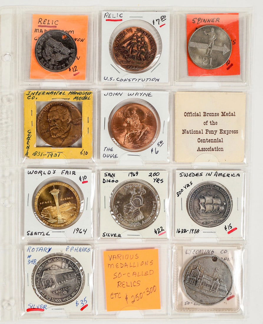 So-Called Relic Coins, 11pcs [191965]: A mixed group of eleven commemorative coins including a brass 1964 Seattle World's Fair, silver 1969 San Diego Centennial, brushed nickel 1938 Tricentennial of Swedes in America, a copper John Wayne c