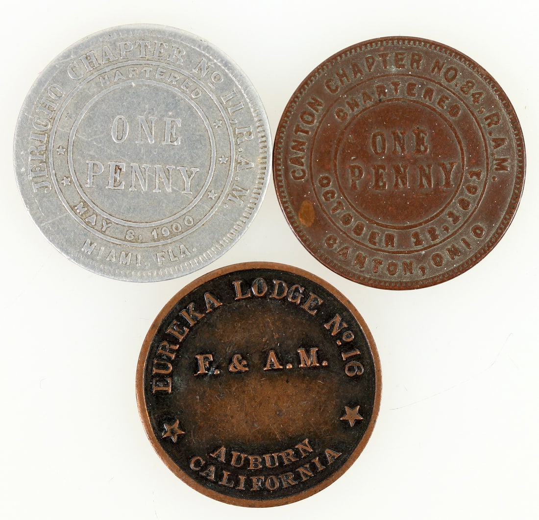 Masonic Pennies (3) [202638]: Three Masonic pennies: 1) 1861 Canton Ohio; 2) 1901 Miami Florida; 3) 1951 Auburn, California.^Date: Country (if not USA): State: City: Provenance:
