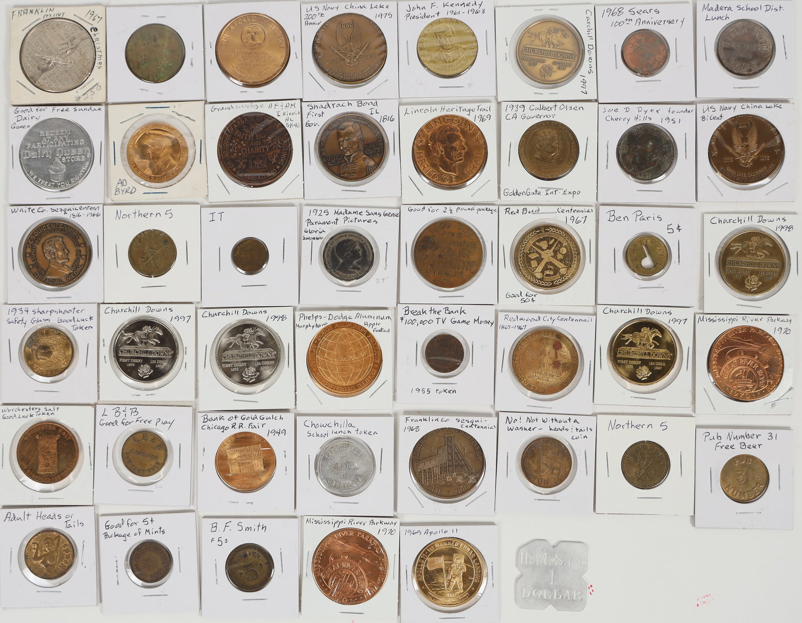 U.S. Medals 1960-1997 (46) [202440]: Mostly uncirculated, not the usual group. Churchill Downs (5); Apollo 11 (2); Mississippi River Parkway (2); U. S. Navy Bicentennial China Lake 1975 (2); 1939 Golden Gate International Exposition Gove