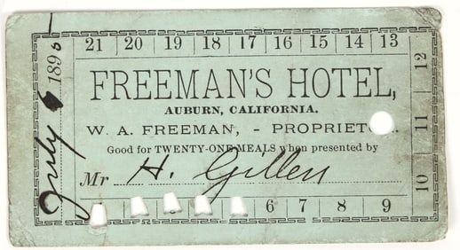 Freeman's Hotel Meal Card, Auburn, California, 1895 [205032]