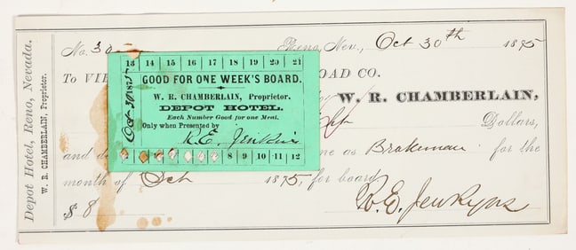 Depot Hotel Meal & Board Ticket to Virginia & Truckee Railroad, 1875, Reno, Nevada [205035]