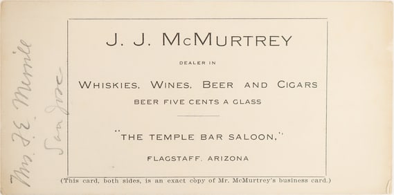 Temple Bar Saloon Advertising Card, Flagstaff, Arizona [188940]