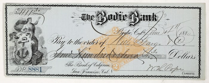 Rare Bodie Bank Blue Revenue Check, RN-G, to Wells Fargo, 1880 [201082]