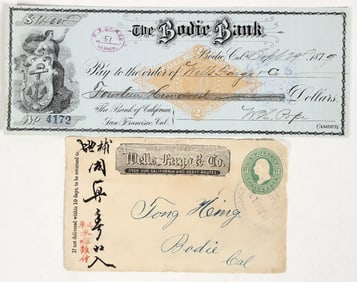 Bodie Wells Fargo Pair: Rare Revenue Check & Partial Cover to Chinese Merchant [201083]