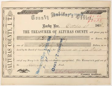 County Auditor's Office Warrant, Alturas Co., Rocky Bar, Idaho Territory, 1868  [204529]