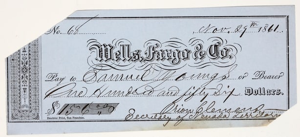 1861 Nevada Territory Check Signed by Orion Clemens (Brother to Mark Twain) [203947]
