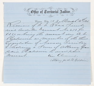Territorial Auditor Receipt  Signed by Orion Clemens (brother of Mark Twain) [202464]
