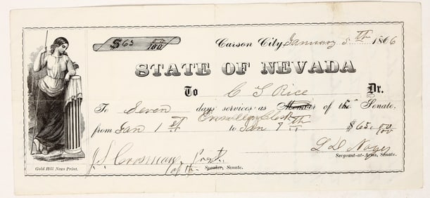 State of Nevada Receipt to CT Rice, Mark Twain's "Unreliable" Friend [202466]