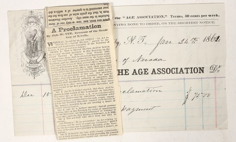 Carson City, Nevada Territory Billhead for Important Newspaper Ad for Governor Nye [202471]