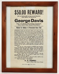 Washoe County, Nevada WANTED MAN FLYER, Horse Robber, $50 Reward, Framed [202629]