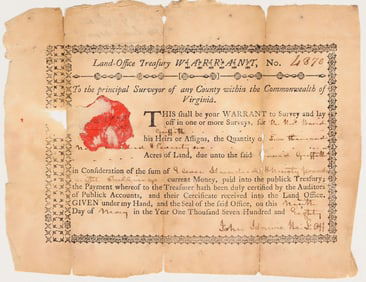 Virginia Land Office Treasury Warrant, 1780, Revolutionary War-Era [200159]