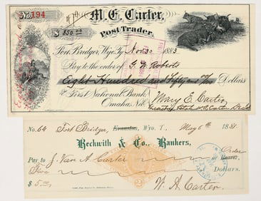 Fort Bridger, Wyoming Post Trader Check Pair incl. Rare RN [195376]
