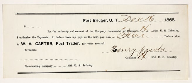 W.A. Carter Post Trader, Fort Bridger, Utah Territory Receipt, 1868 (Later Wyoming) [202733]