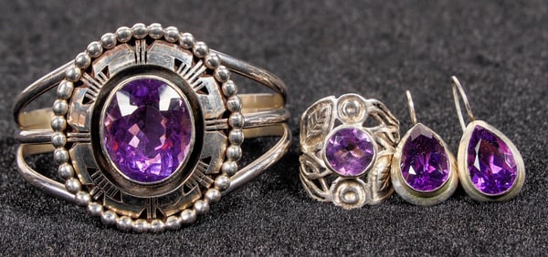 Amethyst Silver Cuff Bracelet, Earrings, and Ring [205981]