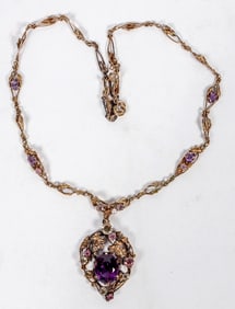 c1890 Vintage Gold Necklace, Amethyst, Rose Qtz, Topaz [202137]