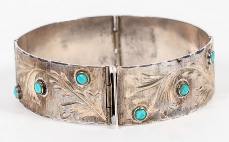 Sterling Silver & Turquoise Chunky Hinged Vintage Bracelet [202138]