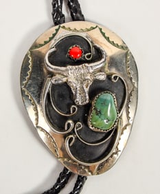 Bovine Bolo Tie w/ Turquoise & Coral Inset, Chrome [202600]