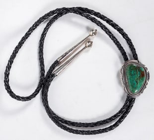 Turquoise & Silver Bolo Tie, Leather [202602]