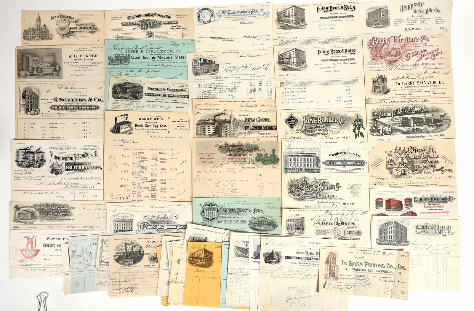 US Billhead & Letterhead Collection, Many Pictorial (46) [198211]: Lot of 46. Many pictorial. Many states represented (New Jersey, Minnesota, New York, Nebraska, California, Virginia, Pennsylvania, Ohio, Montana, Indiana, Connecticut, Maryland, South Dakota, Mississi