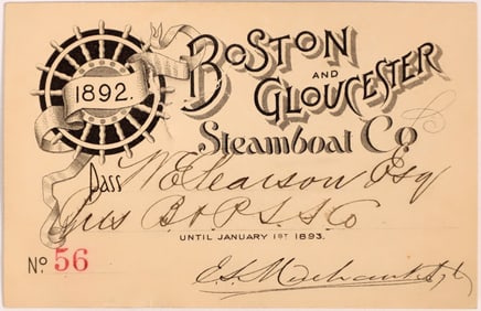 Boston & Gloucester Steamboat Co. Annual Pass  1892 [134736]