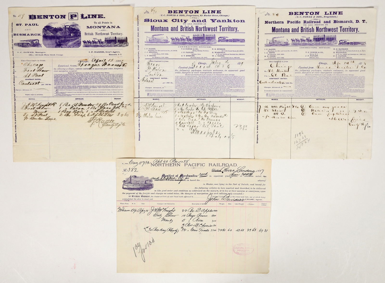 Montana & Dakota Territory River Steamer Ephemera [195362]: Lot of 4. 1-3) Benton Line, TC Power & Bro. Powerful Montana mining, mercantile and real estate mogul T.C. Power formed this company in 1874. He was a military and Indian trader at Ft. Benton. He late